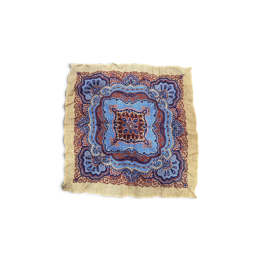 Silk Wool Paisley Pocket Square Mustard Yellow Blue Orange Medallion 12.5in